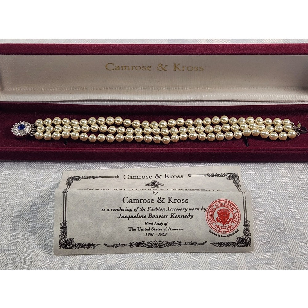 Camrose & Kross Jackie Kennedy Triple Strand Pearl Bracelet Sapphire Clasp COA